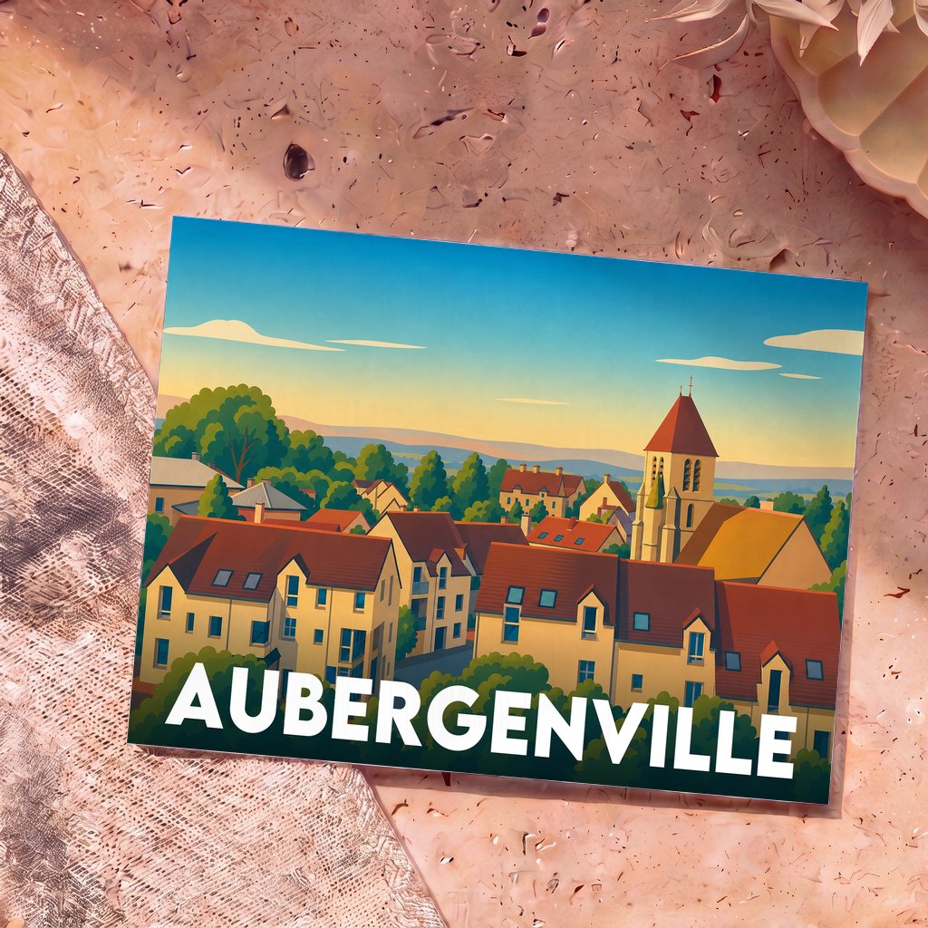 Carte postale souvenir de la ville d'Aubergenville avec une illustration stylisée de ses toits et de son église.