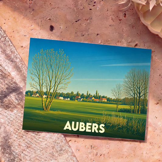 Carte postale souvenir de la ville de Aubers illustrant un paysage de campagne paisible au style épuré.