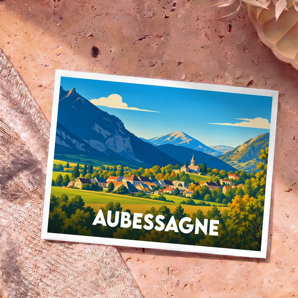Carte postale souvenir de la ville d'Aubessagne illustrant un paysage de montagne stylisé.