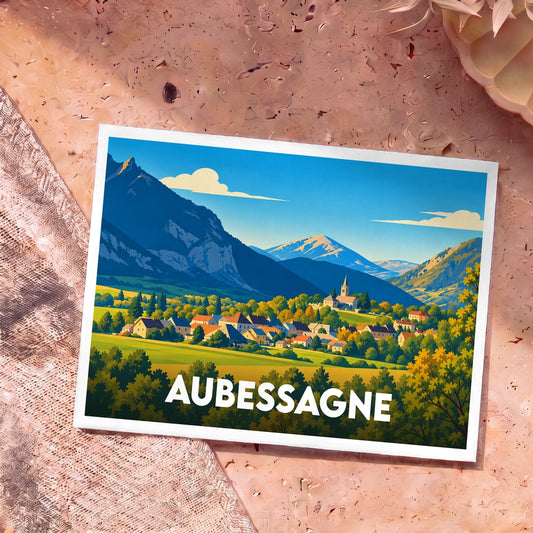 Carte postale souvenir de la ville d'Aubessagne illustrant un paysage de montagne stylisé.