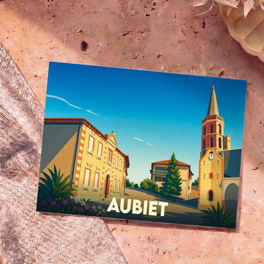 Carte postale souvenir de la ville d'Aubiet avec une illustration stylisée et colorée de son architecture.