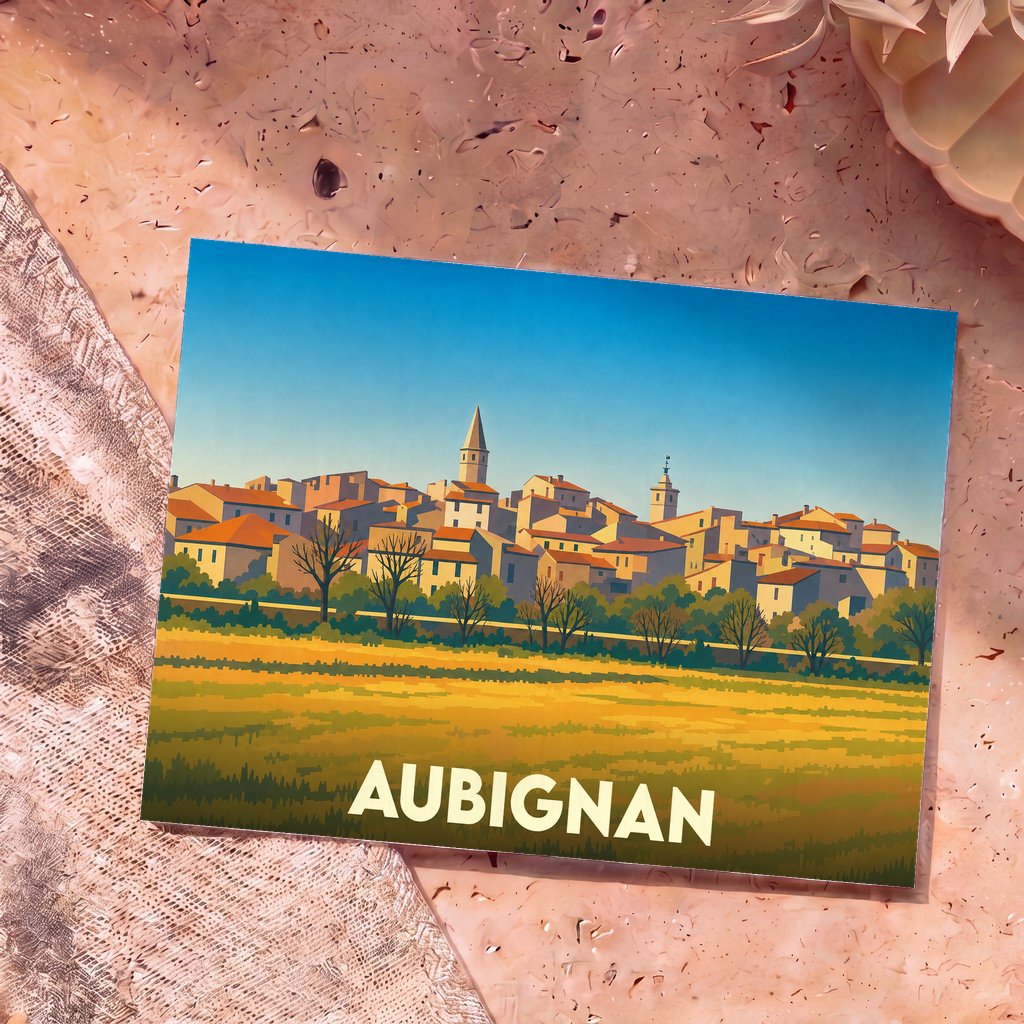 Carte postale souvenir de la ville d'Aubignan avec une illustration stylisée de son paysage urbain provençal.