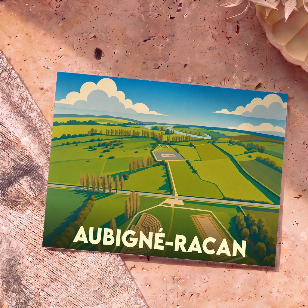 Carte postale souvenir de la ville d’Aubigné-Racan illustrée par un paysage stylisé aux couleurs vibrantes.