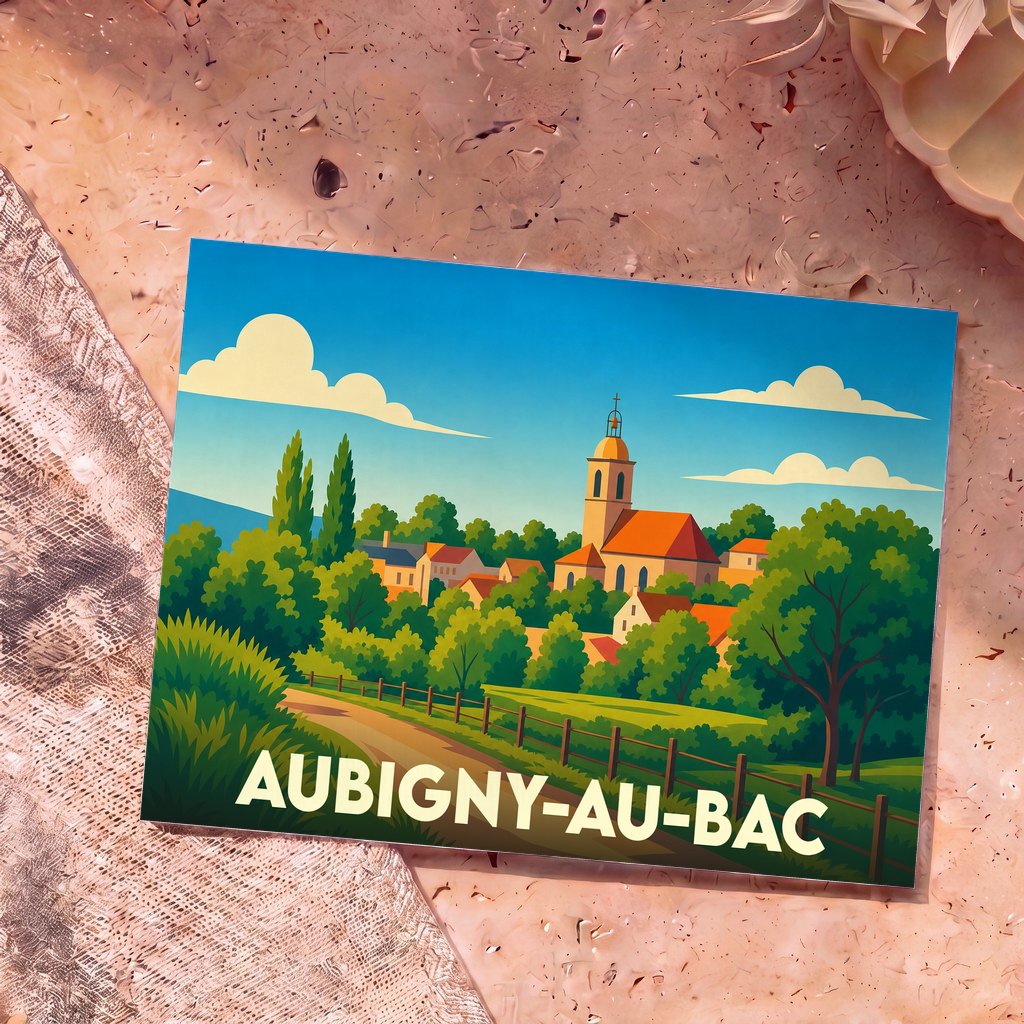 Carte postale souvenir de la ville d'Aubigny-au-Bac avec une illustration stylisée de son église et de sa campagne environnante.