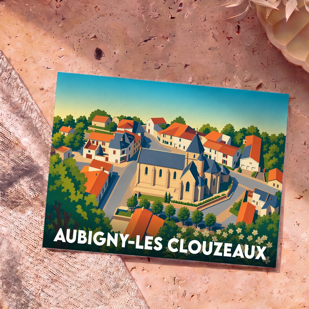 Carte postale souvenir de la ville d'Aubigny-Les Clouzeaux avec une illustration stylisée du centre-bourg en vue aérienne.