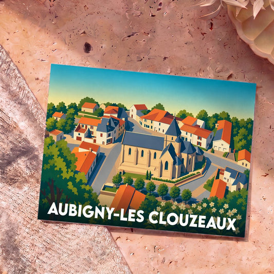Carte postale souvenir de la ville d'Aubigny-Les Clouzeaux avec une illustration stylisée du centre-bourg en vue aérienne.