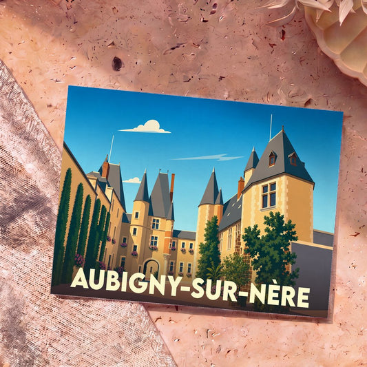 Carte postale souvenir de la ville d'Aubigny-sur-Nère avec une illustration stylisée de son château.