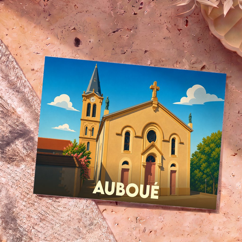 Carte postale souvenir de la ville d'Auboué avec une illustration stylisée de son église sous un ciel bleu.