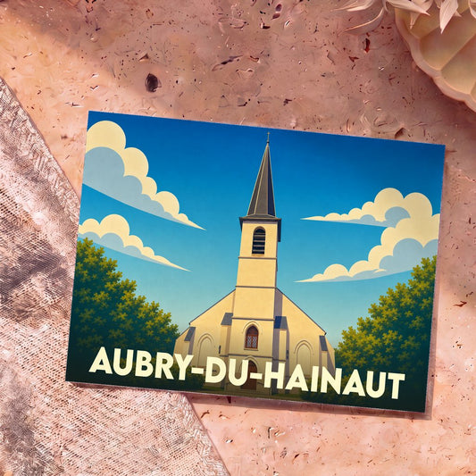 Carte postale souvenir de la ville d'Aubry-du-Hainaut avec une illustration stylisée de son église.