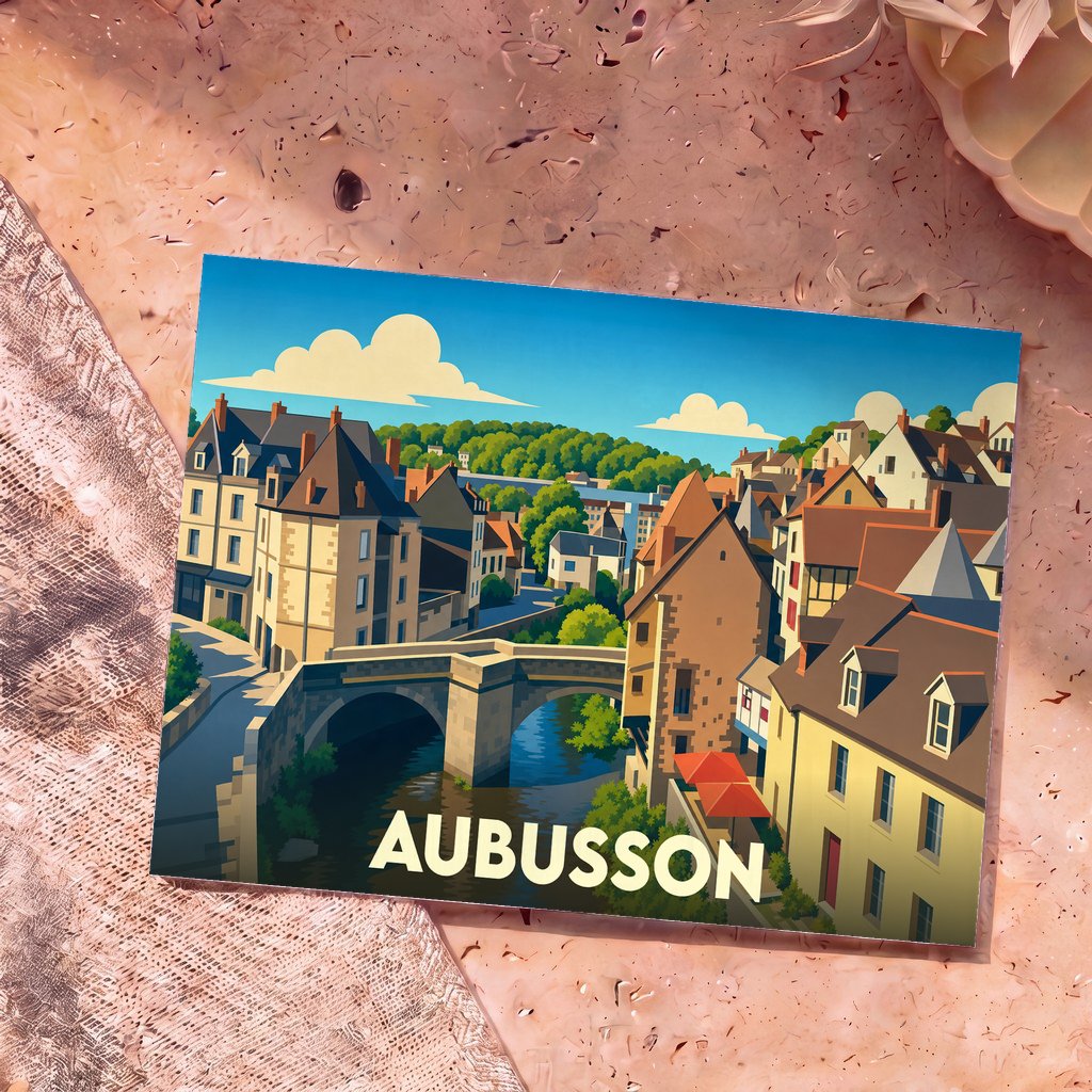 Carte postale souvenir de la ville d'Aubusson présentant une illustration stylisée de ses maisons médiévales et de son pont de pierre.