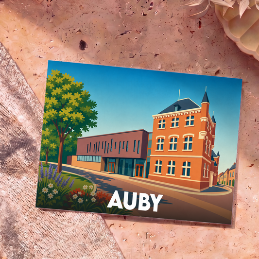 Carte postale souvenir de la ville d'Auby avec une illustration stylisée de son architecture.