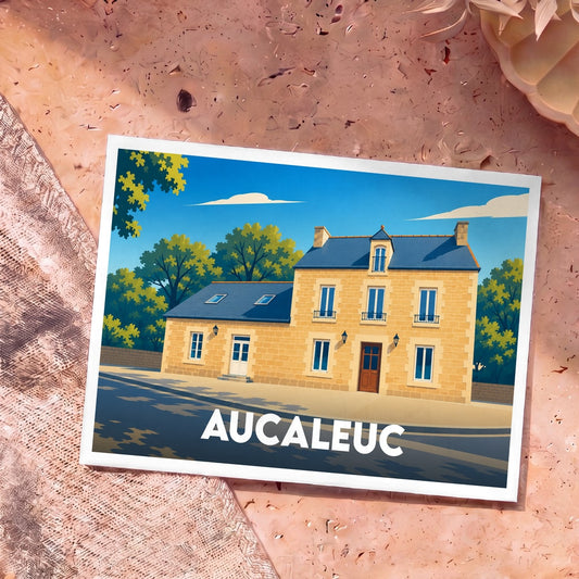 Carte postale souvenir de la ville de Aucaleuc illustrant une maison traditionnelle en pierre sous un ciel bleu.