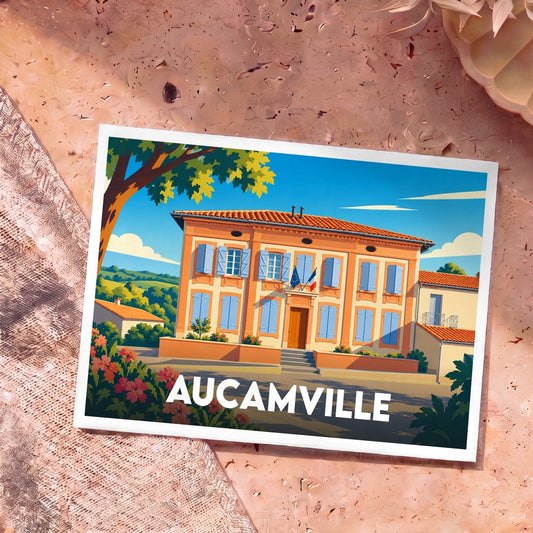 Carte postale souvenir de la ville d'Aucamville avec une illustration stylisée de sa mairie.