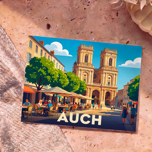 Carte postale souvenir de la ville d'Auch avec une illustration colorée et stylisée de sa cathédrale et d'une terrasse animée.