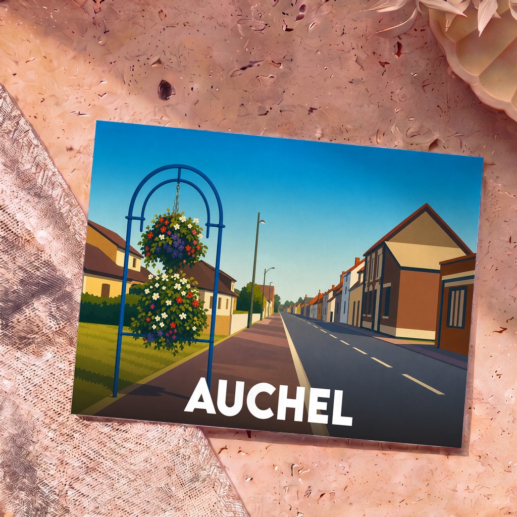 Carte postale souvenir de la ville d'Auchel avec une illustration stylisée d'une rue fleurie.