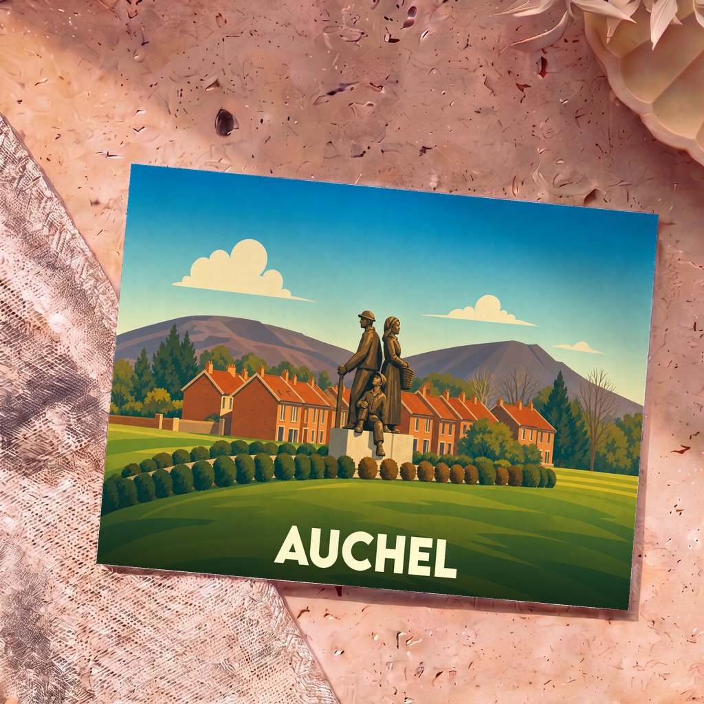 Carte postale souvenir de la ville d'Auchel avec une illustration stylisée d'un monument de mineurs devant des maisons en briques.
