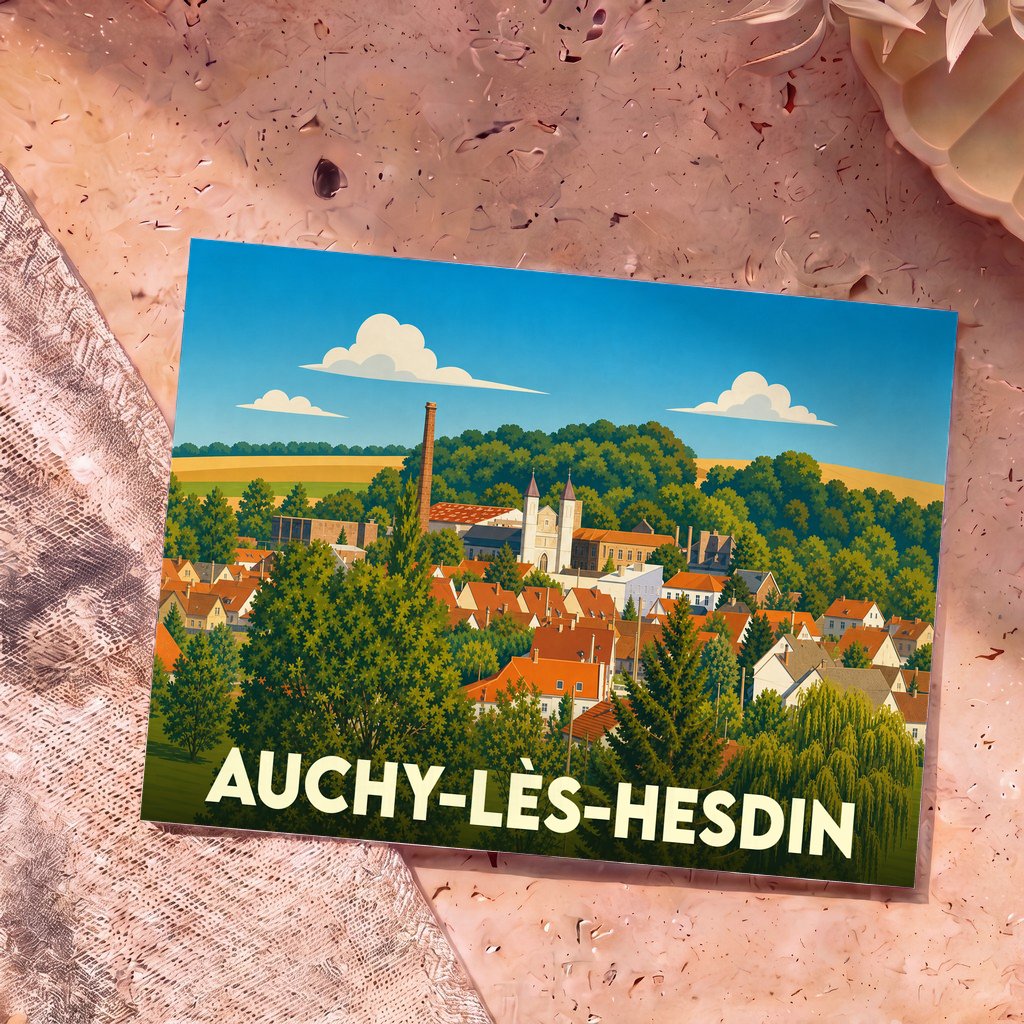 Carte postale souvenir de la ville de Auchy-lès-Hesdin avec une illustration stylisée.