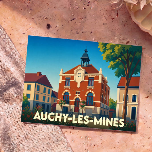 Carte postale souvenir de la ville de Auchy-les-Mines avec une illustration stylisée de son hôtel de ville.