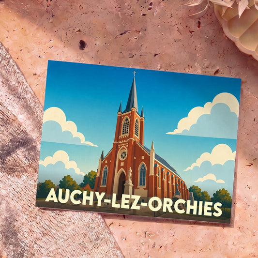 Carte postale souvenir de la ville de Auchy-lez-Orchies représentant une église illustrée dans un style graphique épuré.