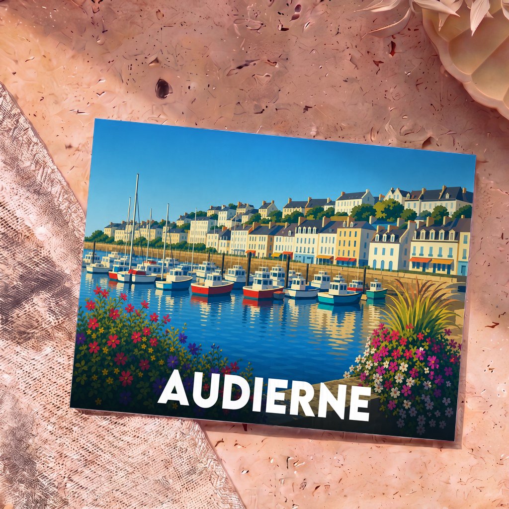 Carte postale souvenir de la ville d'Audierne illustrant son port de plaisance et ses maisons colorées dans un style graphique épuré.