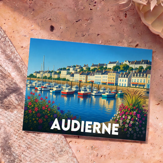 Carte postale souvenir de la ville d'Audierne illustrant son port de plaisance et ses maisons colorées dans un style graphique épuré.