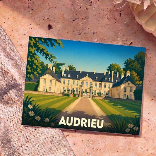 Carte postale souvenir de la ville d'Audrieu avec une illustration stylisée d'un château entouré de jardins.
