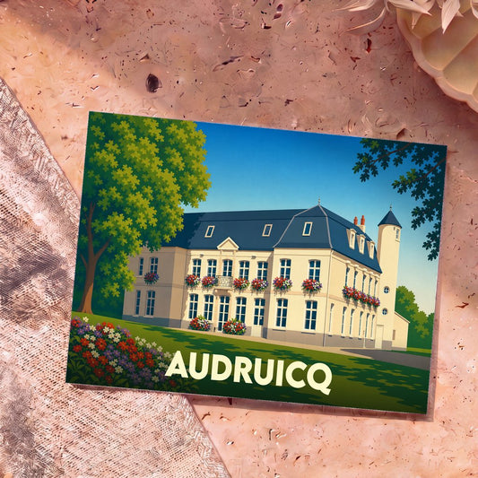 Carte postale souvenir de la ville d'Audruicq illustrant son hôtel de ville fleuri dans un style graphique épuré.