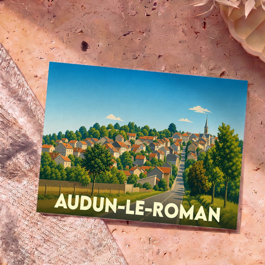 Carte postale souvenir de la ville d'Audun-le-Roman avec une illustration stylisée.