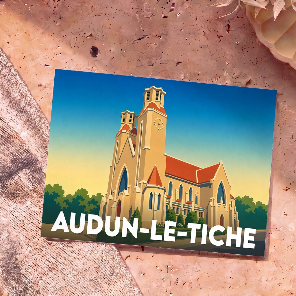Carte postale souvenir de la ville de Audun-le-Tiche avec une illustration stylisée de son église.