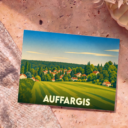 Carte postale souvenir de la ville d'Auffargis avec une illustration stylisée d'un village niché dans une vallée verdoyante.