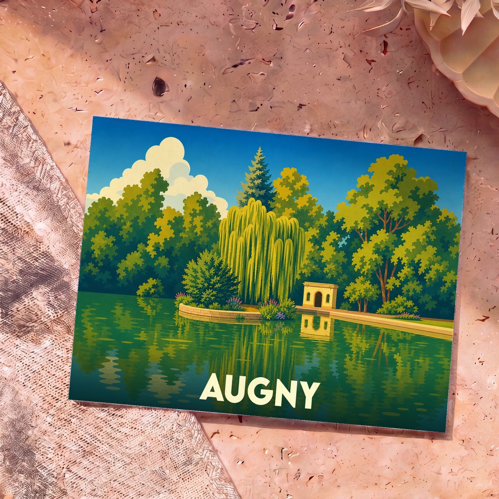 Carte postale souvenir de la ville d'Augny avec une illustration stylisée d'un parc au bord de l'eau.