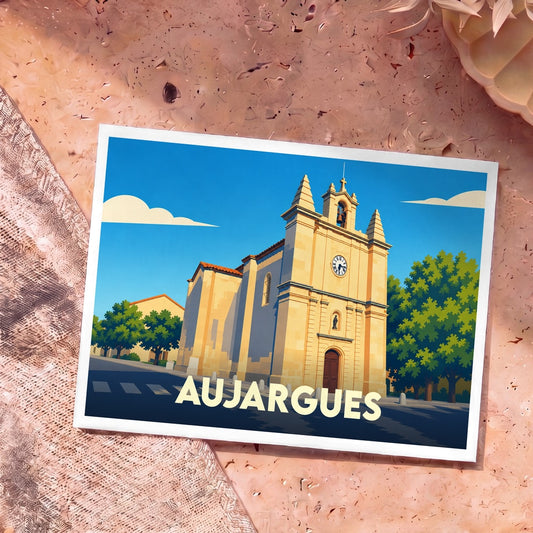 Carte postale souvenir de la ville d'Aujargues illustrant son église sous un ciel bleu.