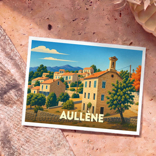 Carte postale souvenir d'Aullène illustrant le village corse dans un style vintage coloré.