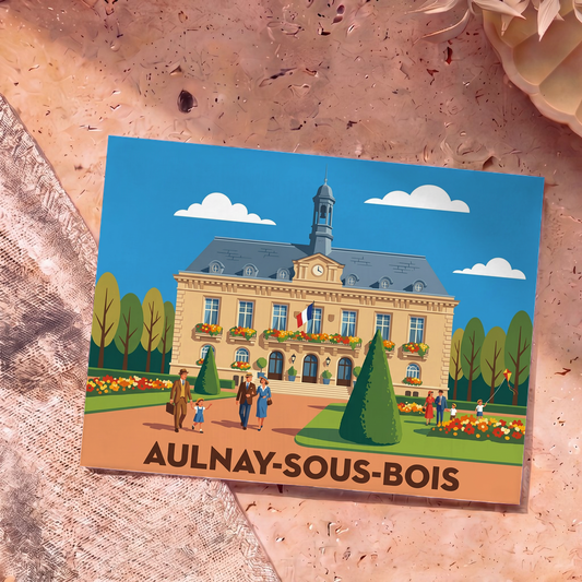 Carte postale souvenir de la ville d'Aulnay-sous-Bois illustrant son hôtel de ville dans un style rétro.