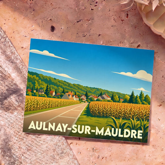 Carte postale souvenir de la ville d'Aulnay-sur-Mauldre avec une illustration stylisée de champs et de maisons.