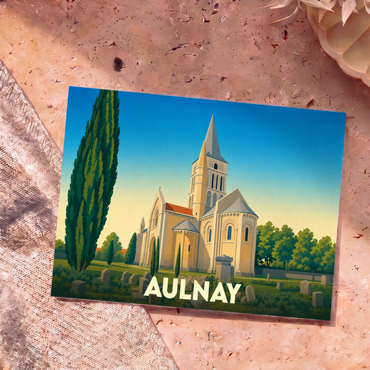 Carte postale souvenir de la ville d'Aulnay représentant son église romane dans un style illustré épuré.