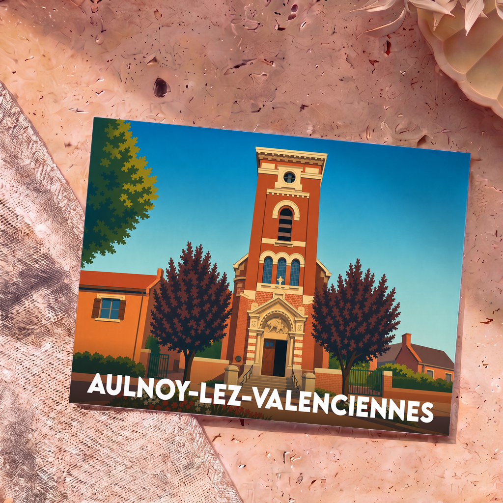 Carte postale souvenir de la ville d'Aulnoy-lez-Valenciennes avec une illustration stylisée de son église.