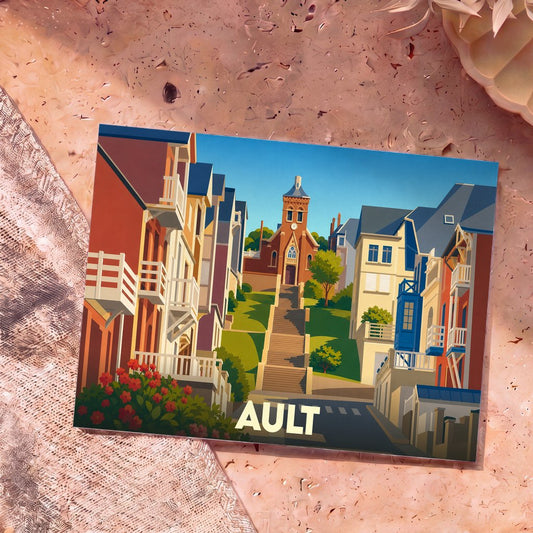 Carte postale souvenir de la ville d'Ault avec une illustration stylisée et colorée de ses rues en escalier.