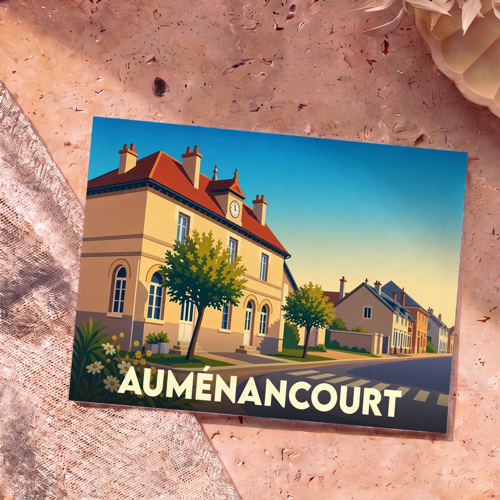 Carte postale souvenir de la ville d'Auménancourt avec une illustration stylisée de ses bâtiments sous un ciel dégagé.