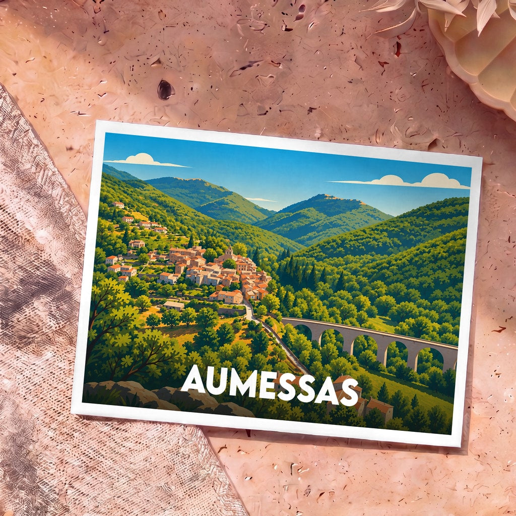 Carte postale souvenir de la ville d'Aumessas avec une illustration stylisée d'un village de montagne et de son viaduc.