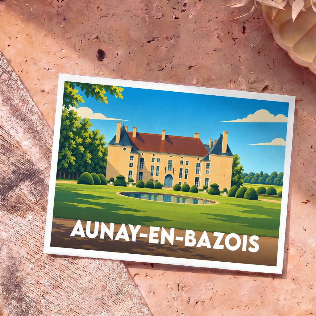 Carte postale souvenir de la ville d'Aunay-en-Bazois avec une illustration stylisée de son château.