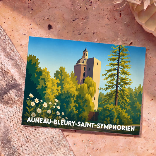 Carte postale souvenir de la ville de Auneau-Bleury-Saint-Symphorien avec une illustration stylisée de son patrimoine.