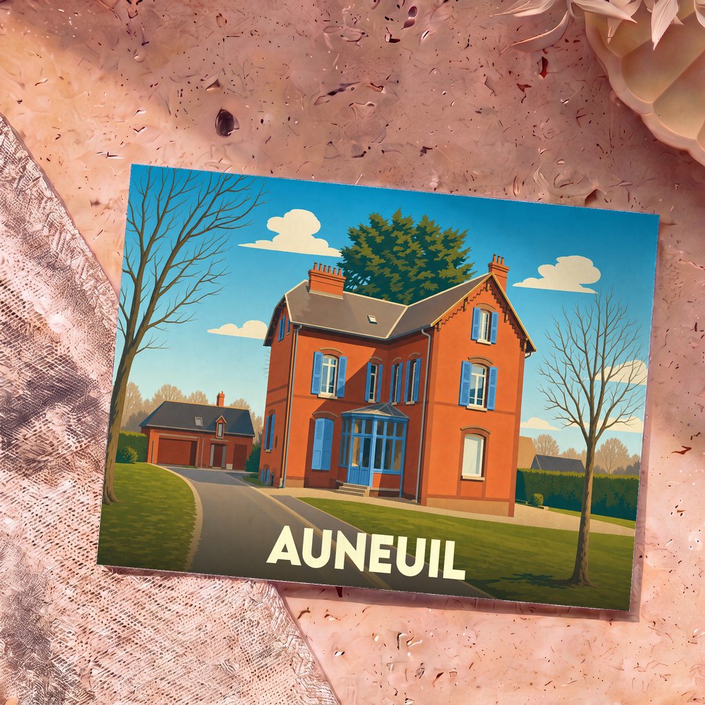 Carte postale souvenir de la ville d'Auneuil avec une illustration stylisée d'une maison traditionnelle aux volets bleus.