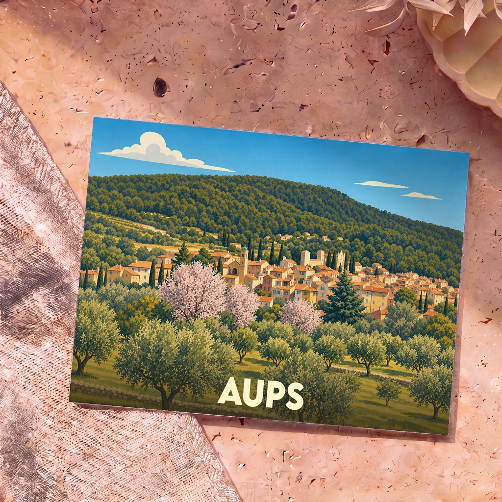 Carte postale souvenir de la ville d'Aups avec une illustration stylisée d'un village provençal niché dans une colline boisée.