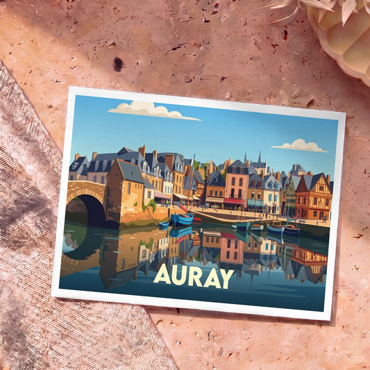Carte postale souvenir de la ville d'Auray avec une illustration stylisée de son port historique.