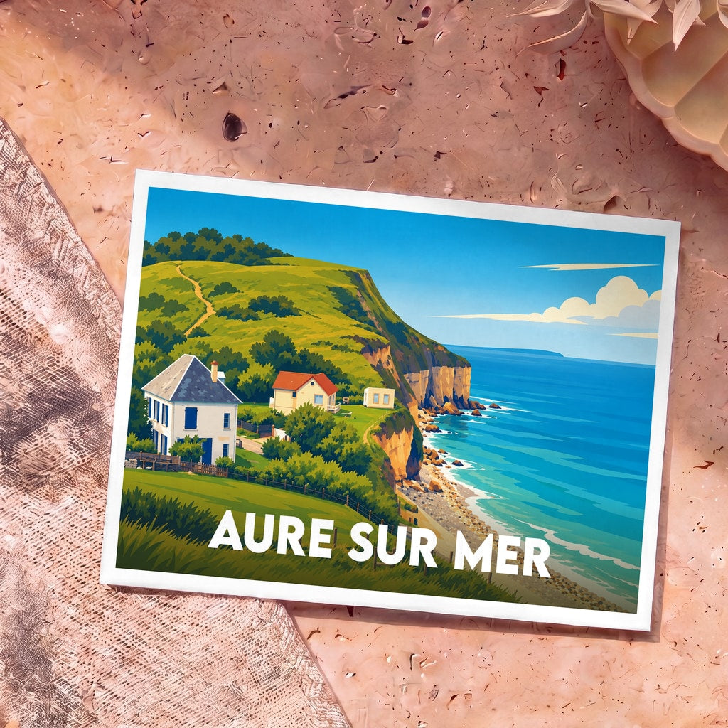 Carte postale souvenir de la ville d'Aure-sur-Mer avec une illustration stylisée d'un littoral escarpé.