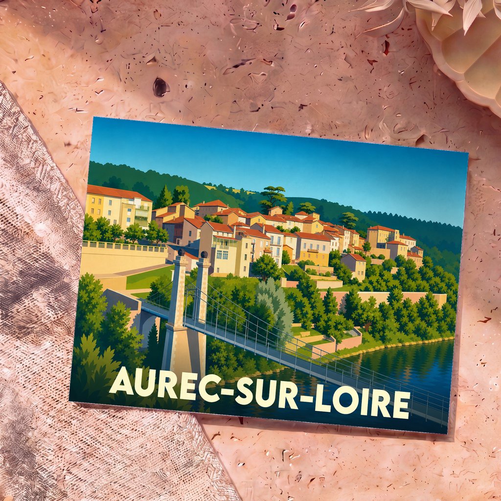 Carte postale souvenir de la ville d'Aurec-sur-Loire avec une illustration colorée de son pont et de ses maisons en bord de fleuve.