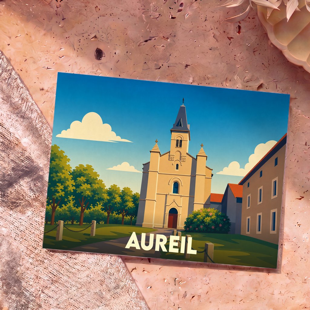 Carte postale souvenir de la ville d'Aureil avec une illustration stylisée de son église.
