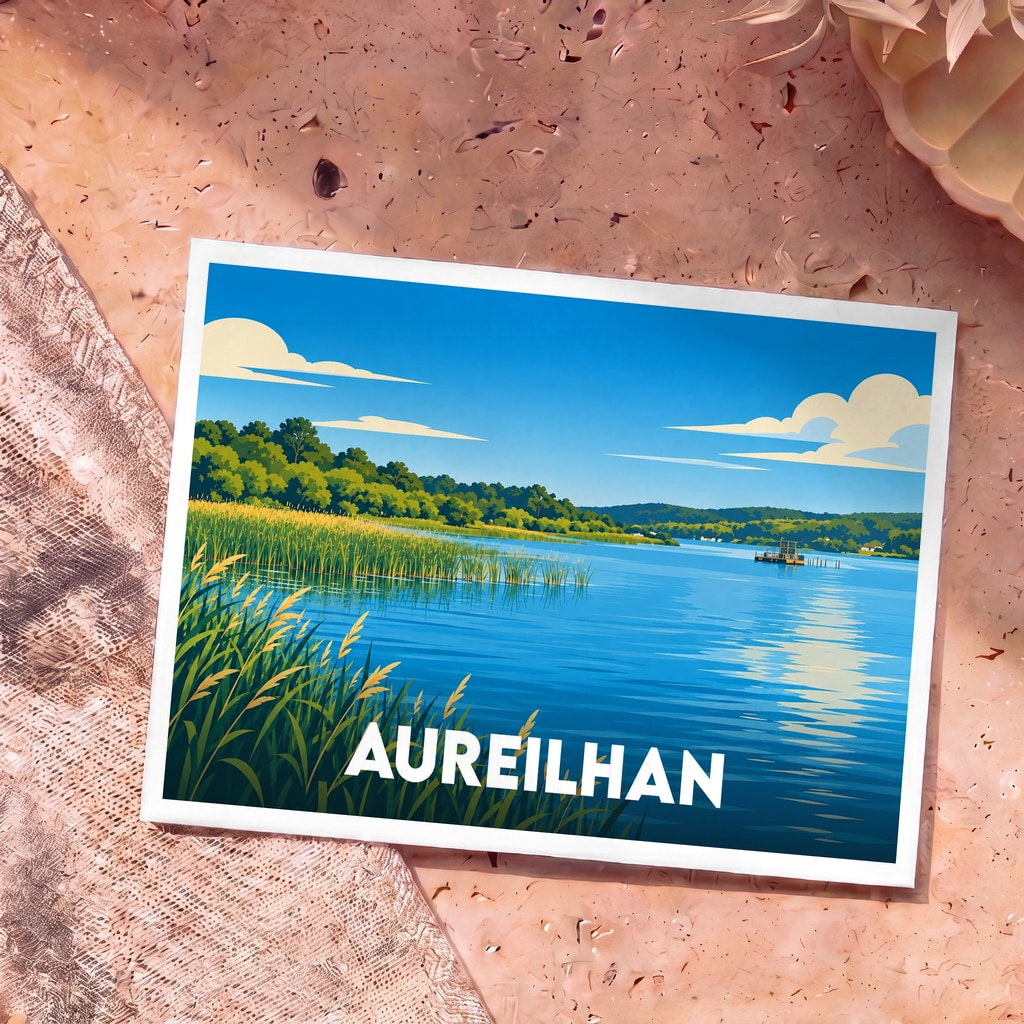 Carte postale souvenir de la ville d'Aureilhan avec une illustration stylisée de son lac et de sa végétation sauvage.