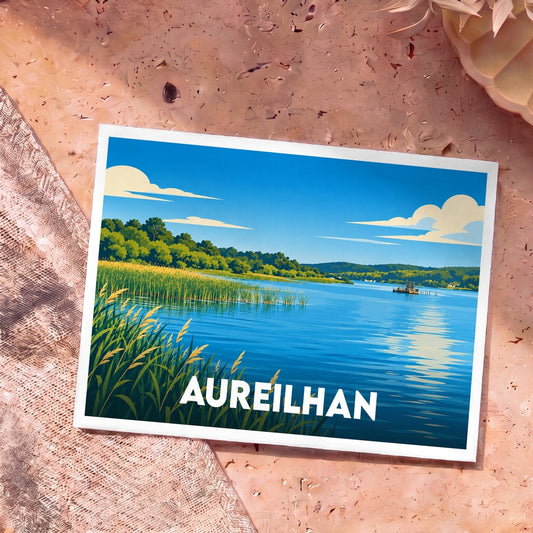 Carte postale souvenir de la ville d'Aureilhan avec une illustration stylisée de son lac et de sa végétation sauvage.